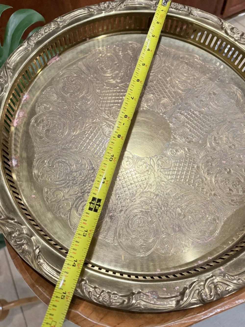 Vintage Gold Tone Serving Tray Ornate Etched Round Gallery Edge 14”